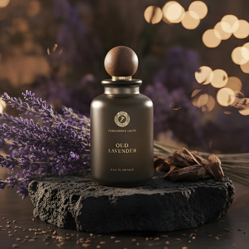 Perfume bottle labeled 'Oud Lavender' with lavender flowers and cinnamon sticks on a dark surface.